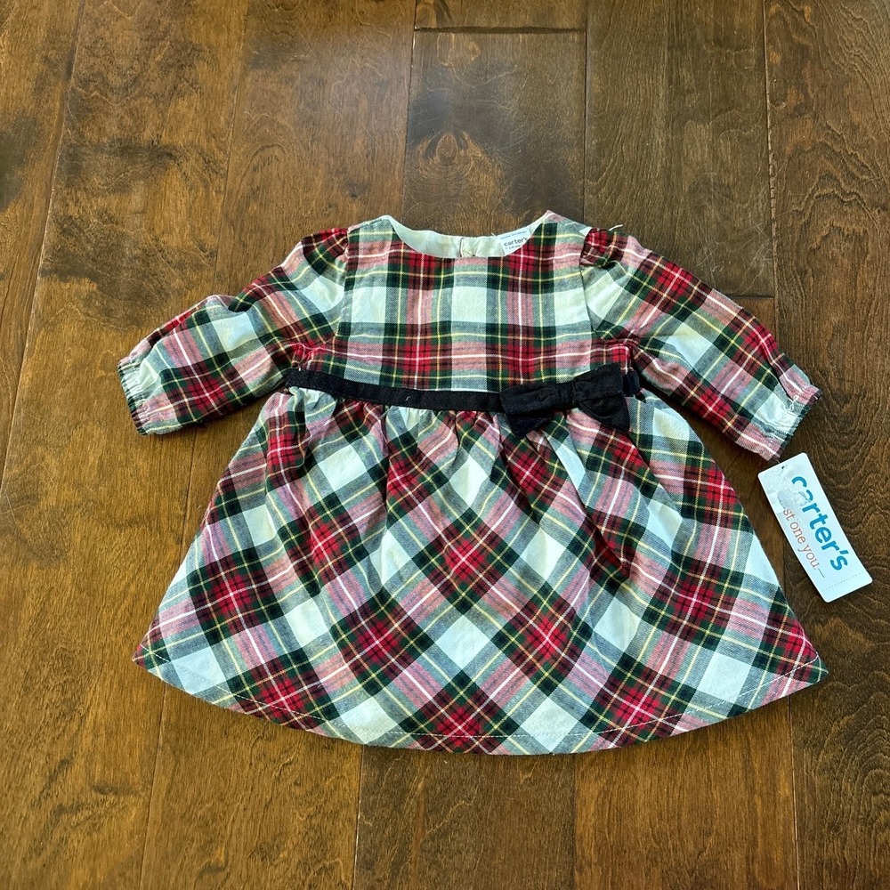 Carter's Girls 3 Month Dress Red Green Plaid Christmas Holiday Black Bow Fancy